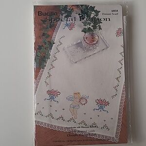 Bucilla Stamped Cross Stitch Cherubs Dresser Scarf 1996